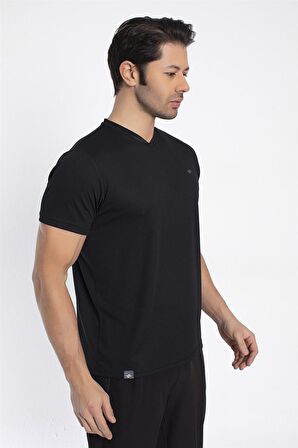 Crozwise V Yaka Erkek Siyah Spor T-shirt - 7136-10