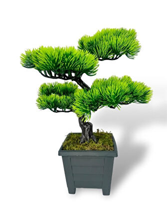 Bonsai Dekoratif Yapay Ağaç Yeşil Bonzai 39*25 CM Siyah Kare Saksıda
