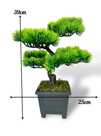 Bonsai Dekoratif Yapay Ağaç Yeşil Bonzai 39*25 CM Siyah Kare Saksıda