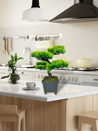 Bonsai Dekoratif Yapay Ağaç Yeşil Bonzai 39*25 CM Siyah Kare Saksıda