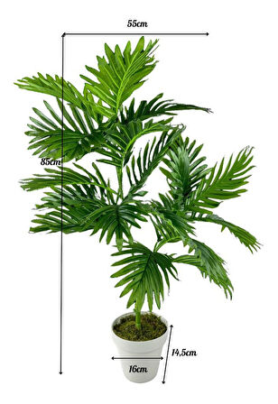Yapay Çiçek Areka Palmiye Ağacı 85cm 2Dal Salon Çiçeği Beyaz Saksılı Yapay Bitki