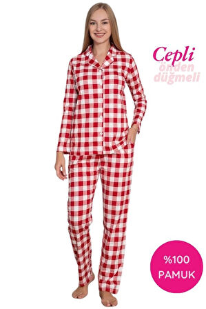 Kadın Ekose Desen Gömlek Yaka Önden Düğmeli %100 Pamuk Penye Mevsimlik Uzun Kol Cepli Pijama Takımı