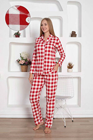Kadın Ekose Desen Gömlek Yaka Önden Düğmeli %100 Pamuk Penye Mevsimlik Uzun Kol Cepli Pijama Takımı
