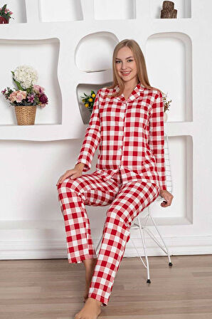 Kadın Ekose Desen Gömlek Yaka Önden Düğmeli %100 Pamuk Penye Mevsimlik Uzun Kol Cepli Pijama Takımı
