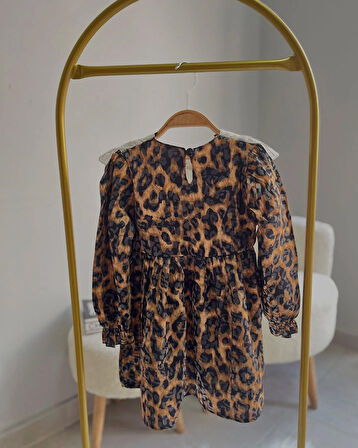 Leopar Desenli Kahverengi Dantel Yaka Elbise 