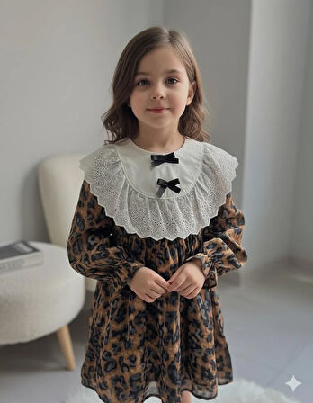 Leopar Desenli Kahverengi Dantel Yaka Elbise 