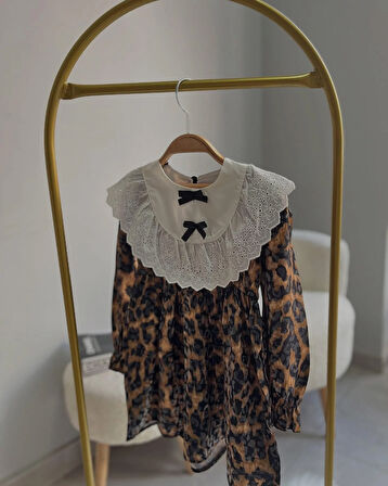 Leopar Desenli Kahverengi Dantel Yaka Elbise 