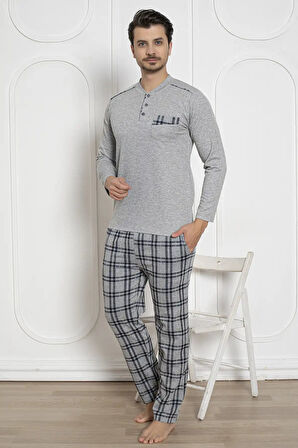 Erkek Ekose Desen Likralı Pamuk Uzun Kol Kışlık İnterlok Göğüs Cepli Pijama Takımı 