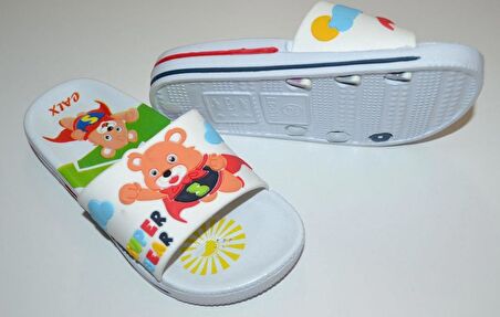 ERKEK ÇOCUK SUPER BEAR YAZILI AYICIK RESİMLİ BEYAZ RENK EVA TERLİK