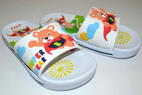 ERKEK ÇOCUK SUPER BEAR YAZILI AYICIK RESİMLİ BEYAZ RENK EVA TERLİK
