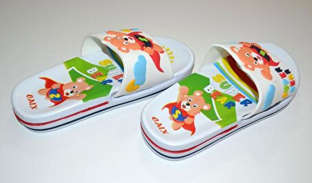 ERKEK ÇOCUK SUPER BEAR YAZILI AYICIK RESİMLİ BEYAZ RENK EVA TERLİK