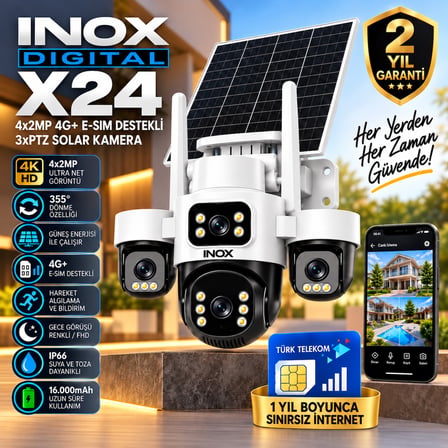 INOX X24 4x2MP 4G+ E-SIM Destekli 3’lü PTZ Solar Güvenlik Kamerası | 16.000mAh | 128GB Hafıza Kartı + 1 Yıl Sınırsız İnternet