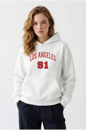 Unisex Yumuşak Dokulu Los Angeles 91 Baskılı Tasarım Oversize 3 İplik Hoodie Sweatshirt
