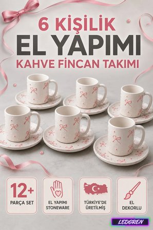 6 Kişilik Seramik Kahve Fincan Takımı Yuvarlak Sunum Tabaklı Porselen Türk Kahvesi Fincan Seti
