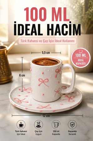 6 Kişilik Seramik Kahve Fincan Takımı Yuvarlak Sunum Tabaklı Porselen Türk Kahvesi Fincan Seti
