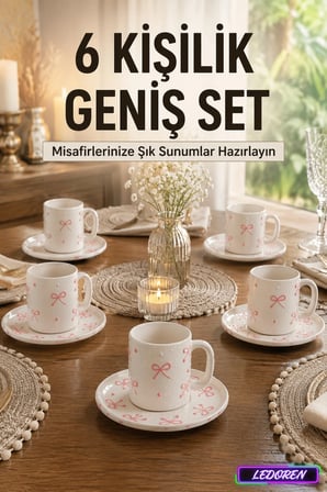 6 Kişilik Seramik Kahve Fincan Takımı Yuvarlak Sunum Tabaklı Porselen Türk Kahvesi Fincan Seti
