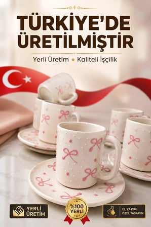 6 Kişilik Seramik Kahve Fincan Takımı Yuvarlak Sunum Tabaklı Porselen Türk Kahvesi Fincan Seti