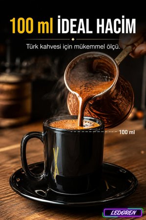 6 Kişilik Seramik Kahve Fincan Takımı Yuvarlak Sunum Tabaklı Porselen Türk Kahvesi Fincan Seti