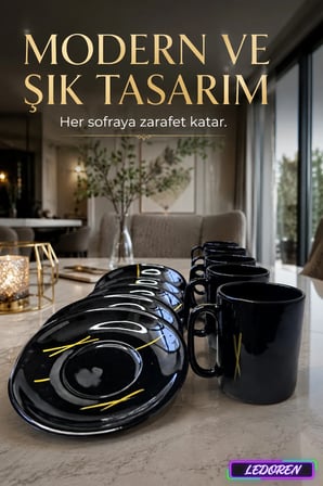 6 Kişilik Seramik Kahve Fincan Takımı Yuvarlak Sunum Tabaklı Porselen Türk Kahvesi Fincan Seti