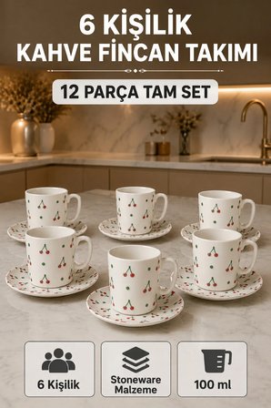6 Kişilik Seramik Kahve Fincan Takımı Yuvarlak Sunum Tabaklı Porselen Türk Kahvesi Fincan Seti