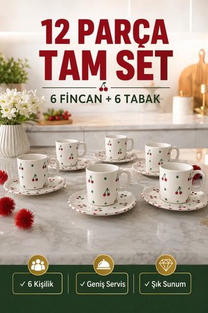 6 Kişilik Seramik Kahve Fincan Takımı Yuvarlak Sunum Tabaklı Porselen Türk Kahvesi Fincan Seti