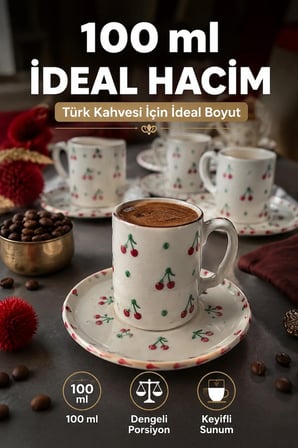 6 Kişilik Seramik Kahve Fincan Takımı Yuvarlak Sunum Tabaklı Porselen Türk Kahvesi Fincan Seti