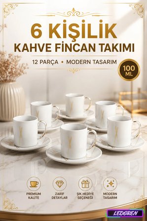 6 Kişilik Seramik Kahve Fincan Takımı Yuvarlak Sunum Tabaklı Porselen Türk Kahvesi Fincan Seti