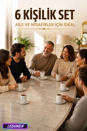 6 Kişilik Seramik Kahve Fincan Takımı Yuvarlak Sunum Tabaklı Porselen Türk Kahvesi Fincan Seti