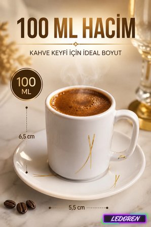6 Kişilik Seramik Kahve Fincan Takımı Yuvarlak Sunum Tabaklı Porselen Türk Kahvesi Fincan Seti