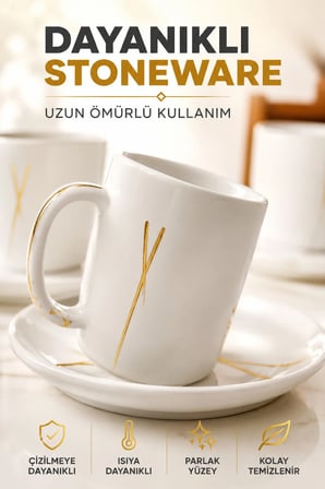 6 Kişilik Seramik Kahve Fincan Takımı Yuvarlak Sunum Tabaklı Porselen Türk Kahvesi Fincan Seti