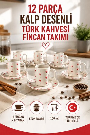 6 Kişilik Seramik Kahve Fincan Takımı Yuvarlak Sunum Tabaklı Porselen Türk Kahvesi Fincan Seti