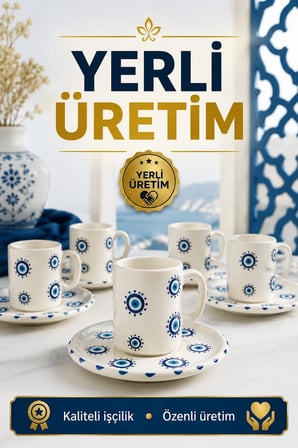 6 Kişilik Seramik Kahve Fincan Takımı Yuvarlak Sunum Tabaklı Porselen Türk Kahvesi Fincan Seti