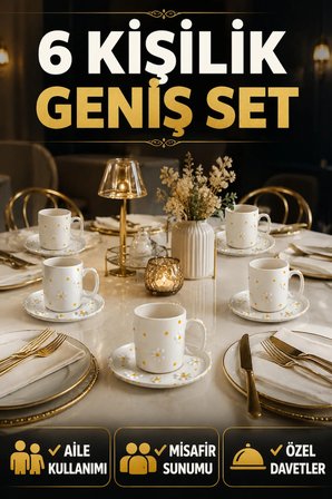 6 Kişilik Seramik Kahve Fincan Takımı Yuvarlak Sunum Tabaklı Porselen Türk Kahvesi Fincan Seti