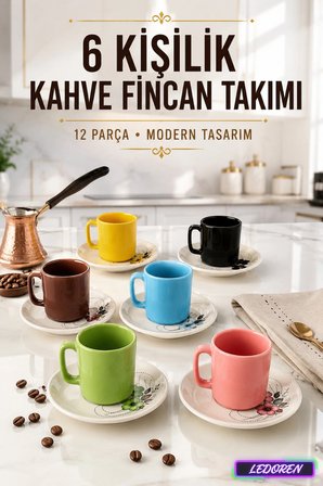 6 Kişilik Seramik Kahve Fincan Takımı Yuvarlak Sunum Tabaklı Porselen Türk Kahvesi Fincan Seti