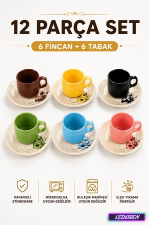 6 Kişilik Seramik Kahve Fincan Takımı Yuvarlak Sunum Tabaklı Porselen Türk Kahvesi Fincan Seti