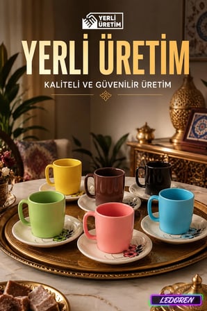 6 Kişilik Seramik Kahve Fincan Takımı Yuvarlak Sunum Tabaklı Porselen Türk Kahvesi Fincan Seti