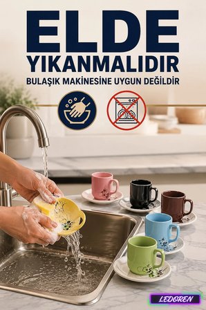 6 Kişilik Seramik Kahve Fincan Takımı Yuvarlak Sunum Tabaklı Porselen Türk Kahvesi Fincan Seti
