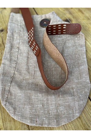 Taba Renk Deri Askılı Keten Plaj Çanta