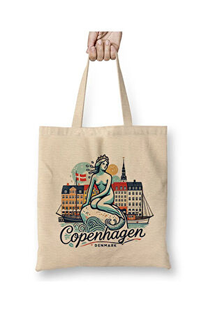 Danimarka Kopenhag Copenhagen Beyaz Bez Çanta Uzun Saplı Alışveriş Çantası Plaj Çantası
