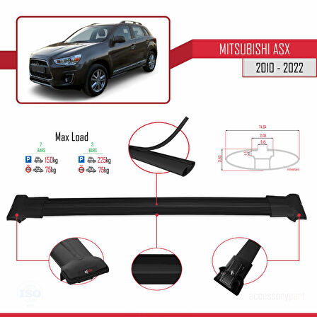 Mitsubishi ASX (GA) 2010-2022 Arası ile Uyumlu FLY Model Ara Atkı Tavan Barı Siyah 2 Adet