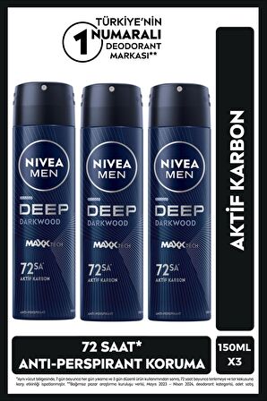 Nivea MEN Erkek Sprey Deodorant Deep Dimension Aktif Karbon 150ml, 72 Saat Anti-perspirant Koruma, X3 Adet