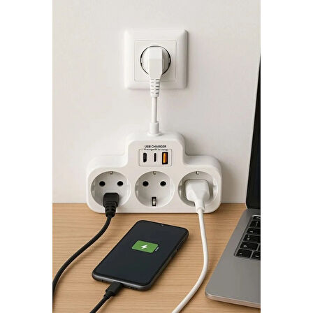Çoklu Kablolu Priz Yüksek Gerilim Korumalı 3’lü Priz 1x Usb 2x Type-c Çıkışlı Grup Priz Çoğaltıcı Siyah