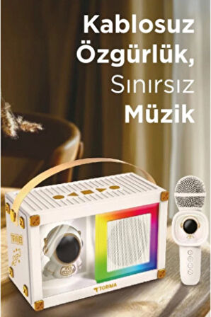 Taşınabilir Rgb Işılı Sevimli Figürlü Mikrofonlu Karaoke Bluetooth Hoparlör Krem