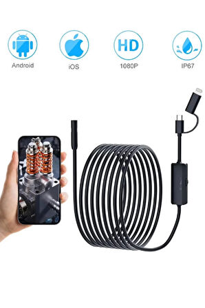 Endoskop Yılan Video Kamera Ios Ve Android Uyumlu Led li 10 Metre 8 Mm Sert Kablo 2mp