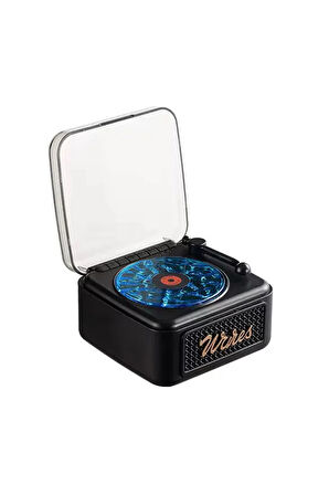 Nostalji Mini Plak Görünümlü Radyolu Bluetooth Hoparlör 3d Ses Dalgası Retro Müzik Plak Siyah