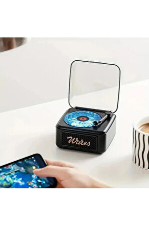 Nostalji Mini Plak Görünümlü Radyolu Bluetooth Hoparlör 3d Ses Dalgası Retro Müzik Plak Siyah