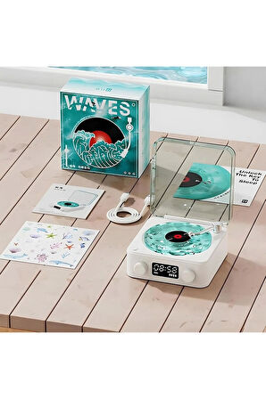 Waves Nostalji Plak Görünümlü Bluetooth Hoparlör 3d Ses Dalgası Retro Müzik Plak Mavi