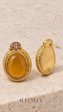 RiODY Miel Doré Gold Renkli Bal Sarısı Oval Taş Görünümlü Çelik Kadın Küpe