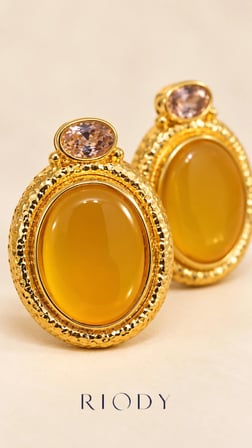 RiODY Miel Doré Gold Renkli Bal Sarısı Oval Taş Görünümlü Çelik Kadın Küpe