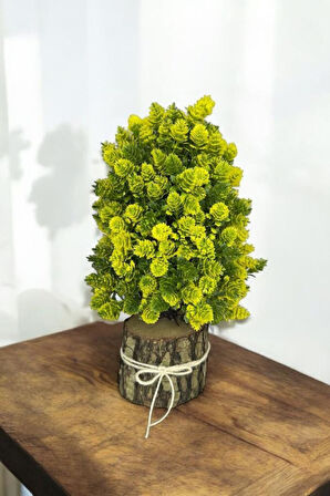 Yapay Çiçek Bonsai Ağacı Sarı Kozalaklı Kütük Saksıda Dekoratif Yapay Ağaç Bonzai 30*15 CM